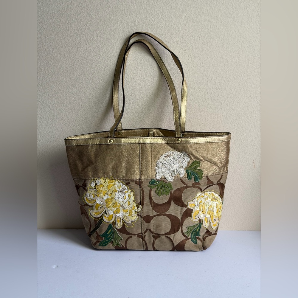 Coach 12204 Signature Stripe Floral Monogram Tote Purse in Khaki-Brown Jacquard